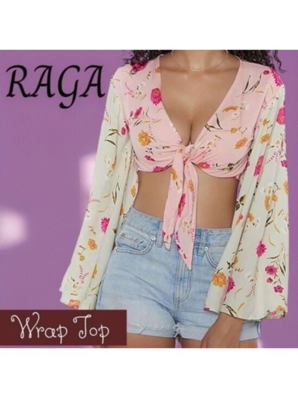 RAGA Flores Cropped Flared-Cuff-Long-Sleeve Tie Front Floral Wrap Top NWT/MD